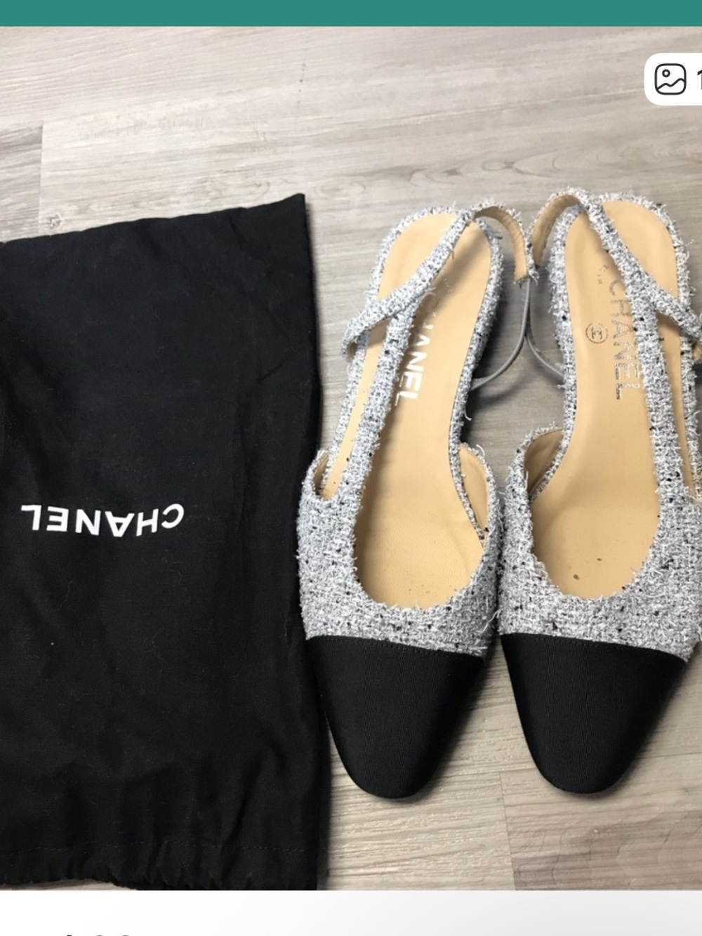 CHANEL Tweed Slingback Flats in Black and Silver-Tone